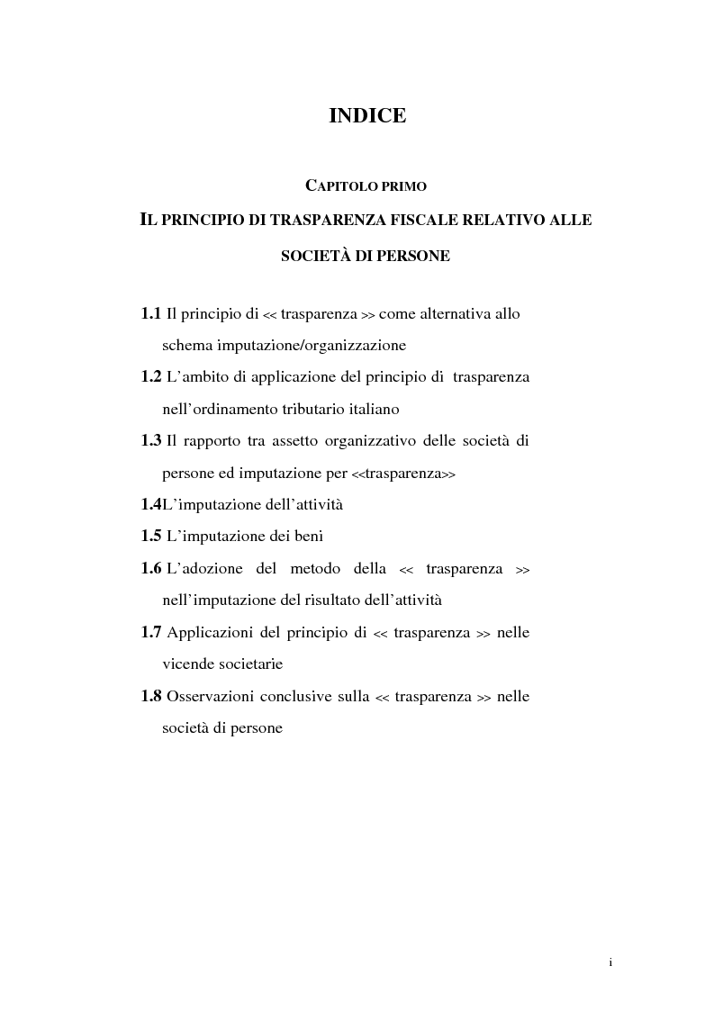 Indice della tesi: Il principio di trasparenza per le società di capitali ora introdotto alla luce del confronto con quello relativo alle società di persone, Pagina 1