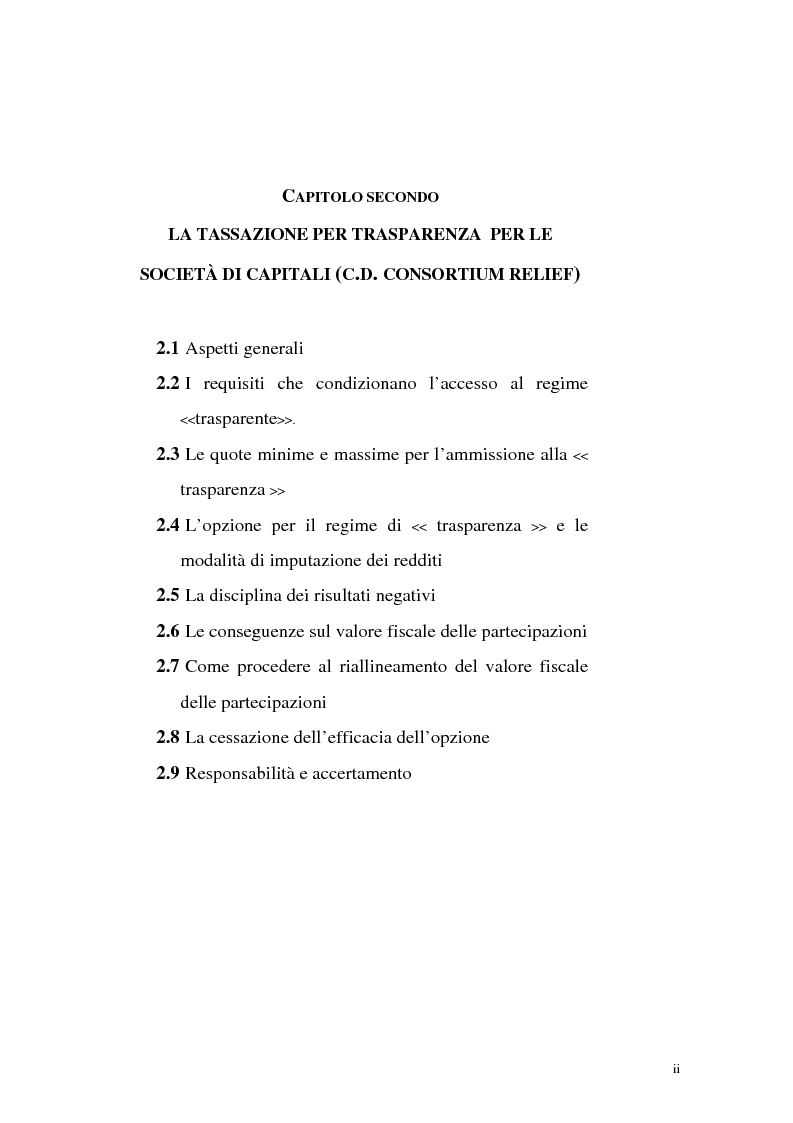Indice della tesi: Il principio di trasparenza per le società di capitali ora introdotto alla luce del confronto con quello relativo alle società di persone, Pagina 2