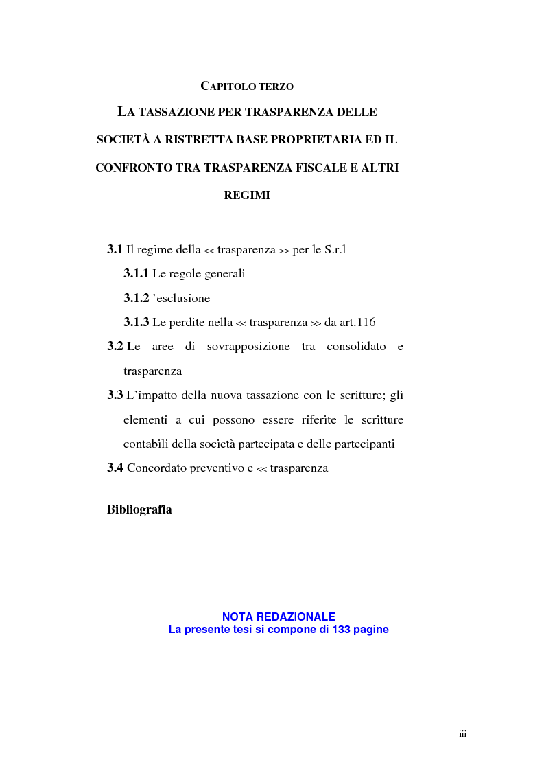Indice della tesi: Il principio di trasparenza per le società di capitali ora introdotto alla luce del confronto con quello relativo alle società di persone, Pagina 3