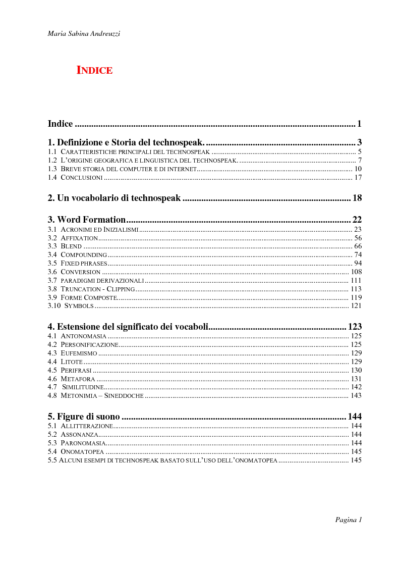 Indice della tesi: Technospeak: le nuove terminologie relative al mondo dell'informatica., Pagina 1