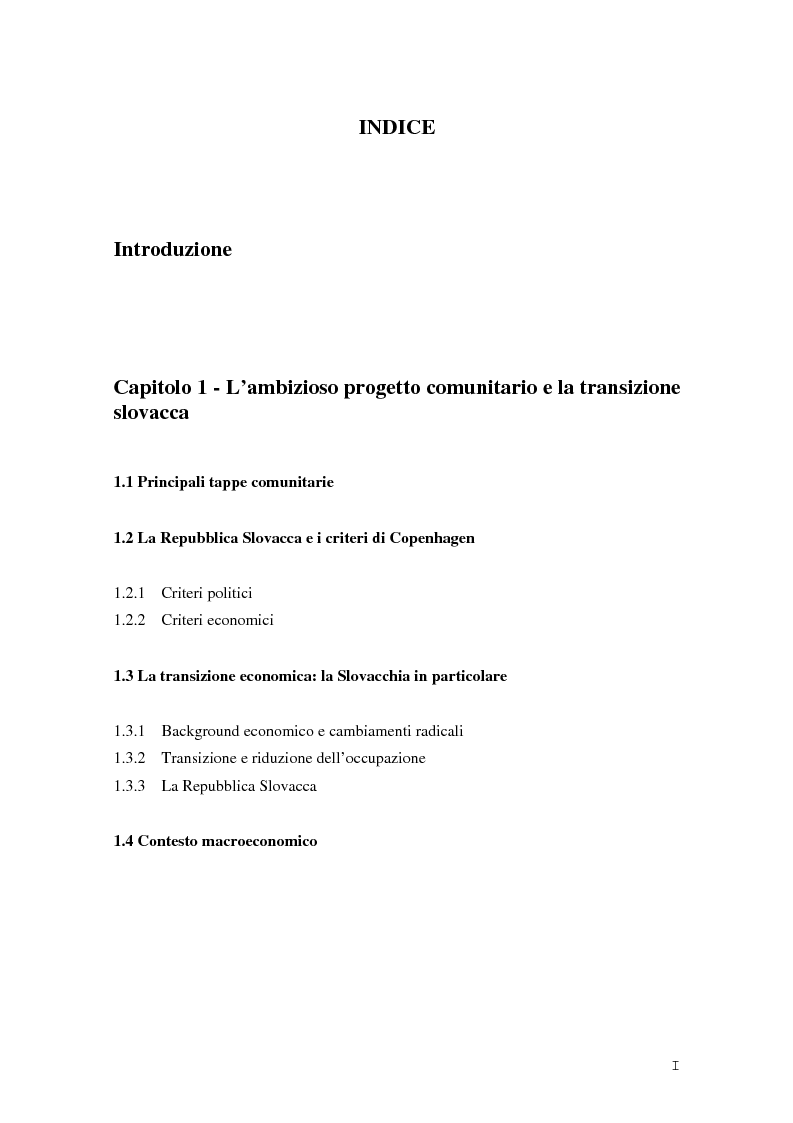 Indice della tesi: La Rep. Slovacca verso l'Unione Europea: analisi del processo di transizione, Pagina 1