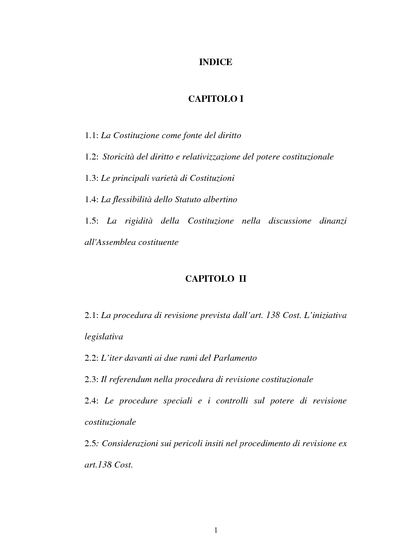 Indice della tesi: Il procedimento di revisione costituzionale, Pagina 1