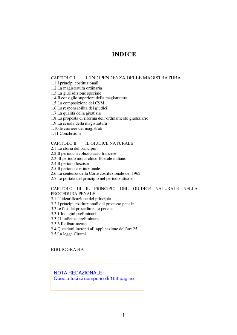 Indice della tesi: Indipendenza della magistratura e giudice naturale, Pagina 1