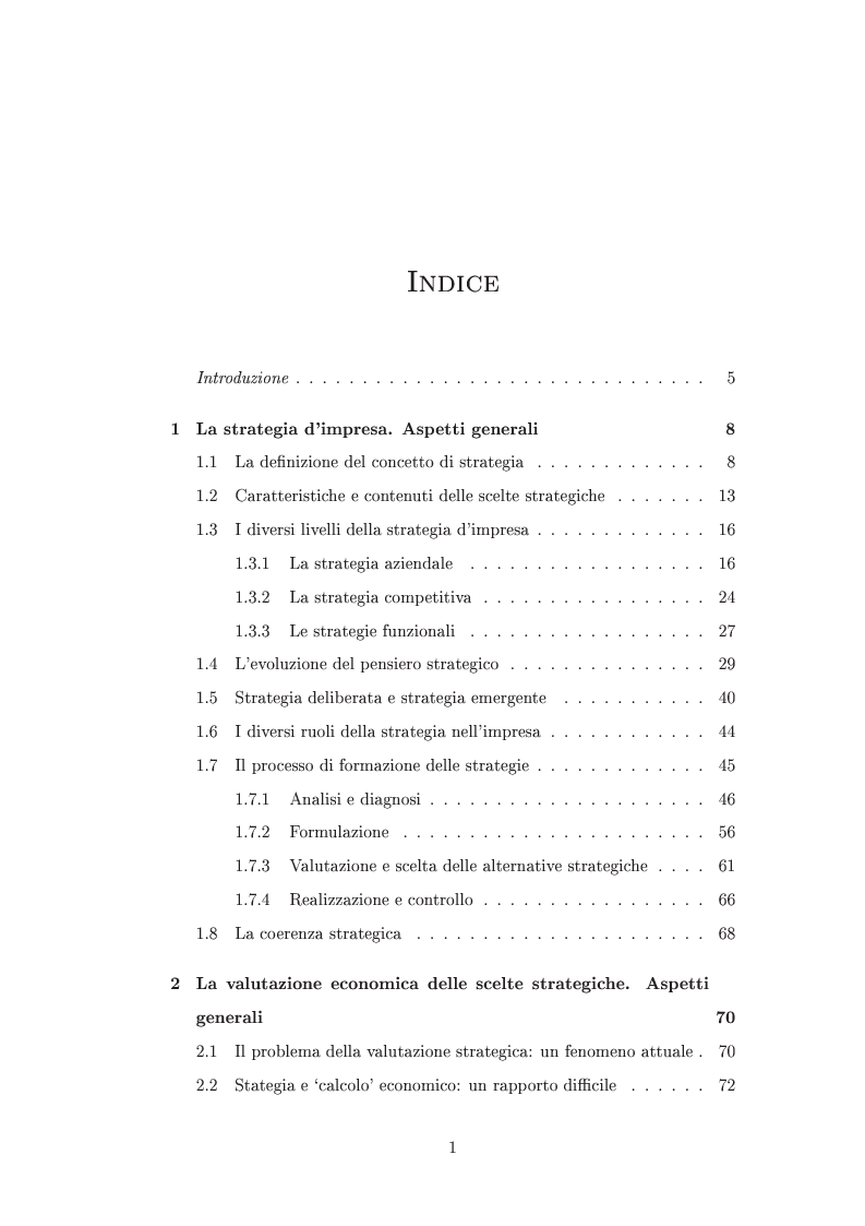 Indice della tesi: I metodi di valutazione delle strategie: un'analisi comparata, Pagina 1