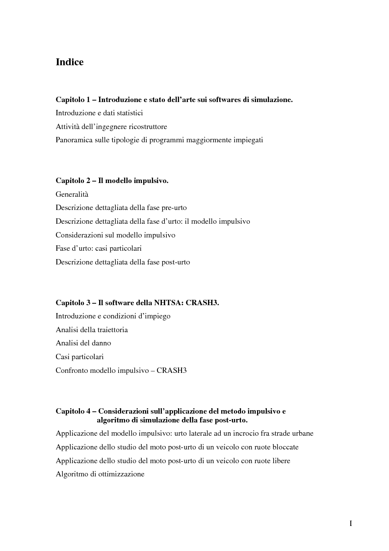 Indice della tesi: Metodi di simulazione per la ricostruzione degli incidenti stradali, Pagina 1