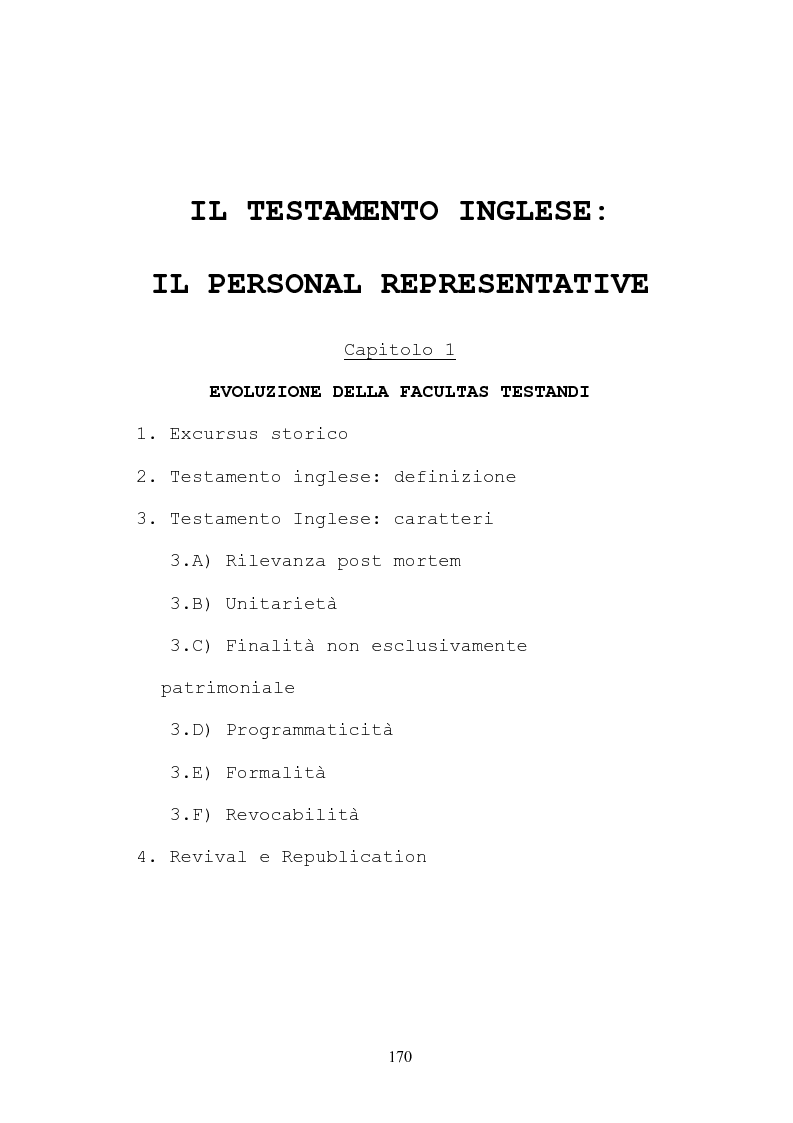 Indice della tesi: Il testamento inglese: il personal representative, Pagina 1