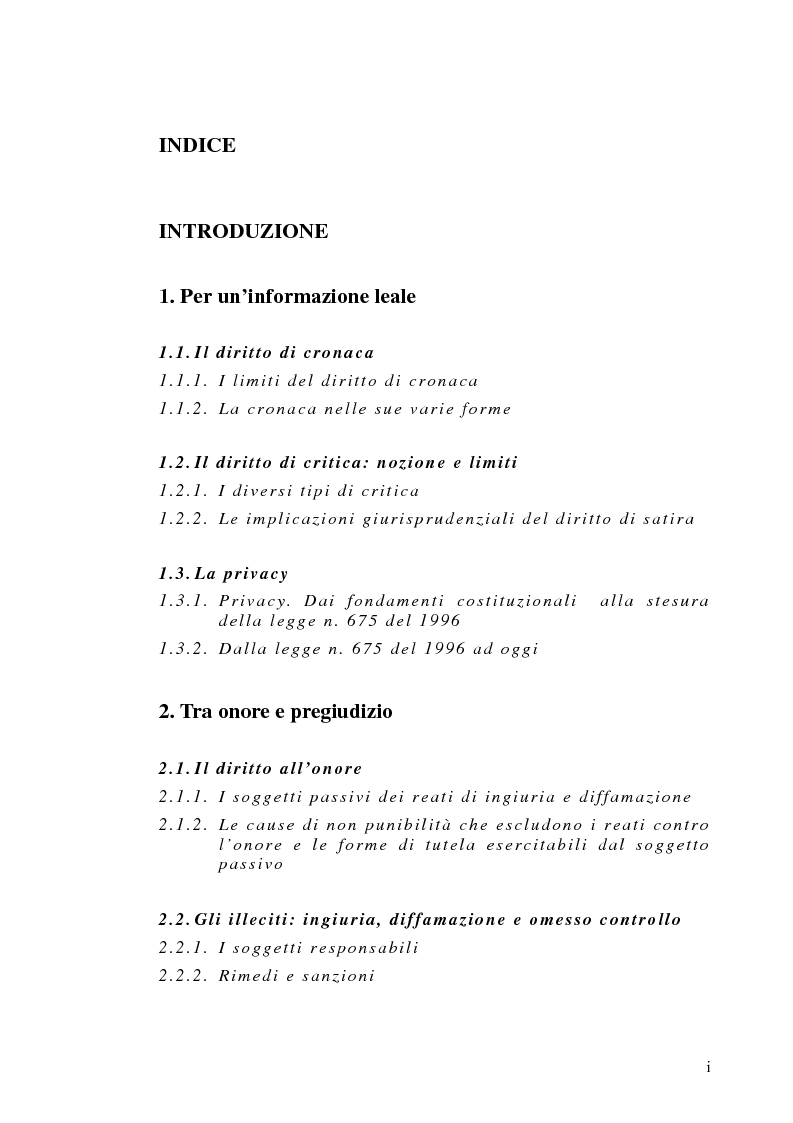 Indice della tesi: La diffamazione a mezzo stampa. Problemi e prospettive legislative, Pagina 1