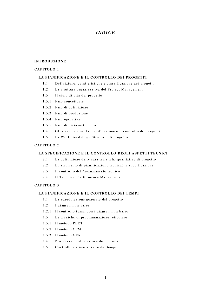 Indice della tesi: La pianificazione e il controllo dei grandi progetti. Il caso di un'impresa operante nel settore dell'impiantistica., Pagina 1
