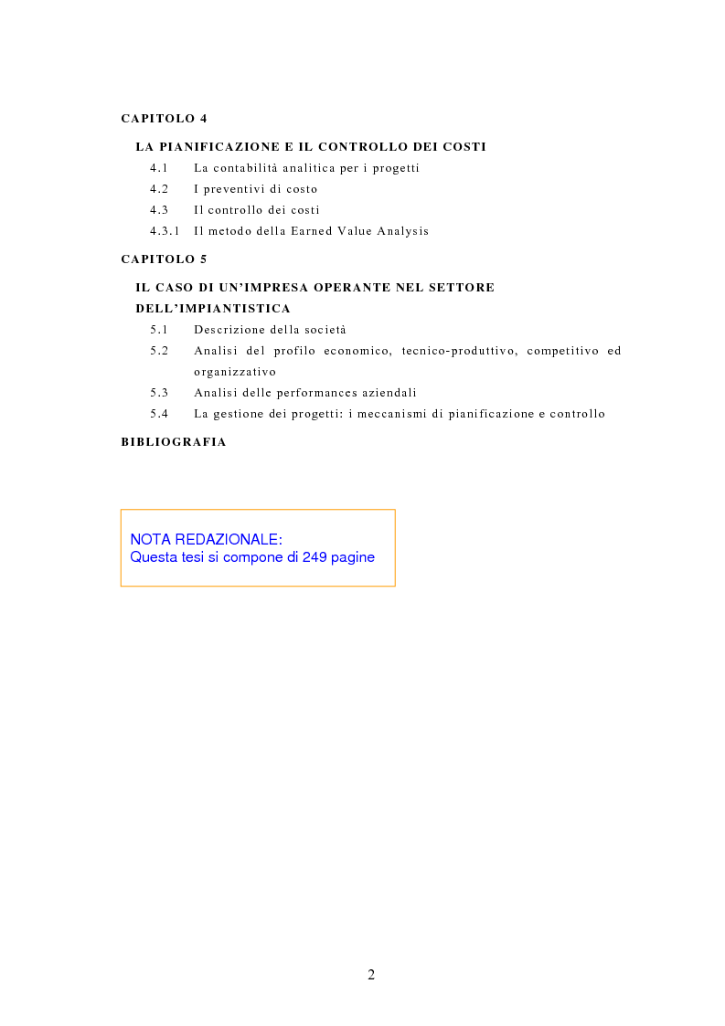 Indice della tesi: La pianificazione e il controllo dei grandi progetti. Il caso di un'impresa operante nel settore dell'impiantistica., Pagina 2