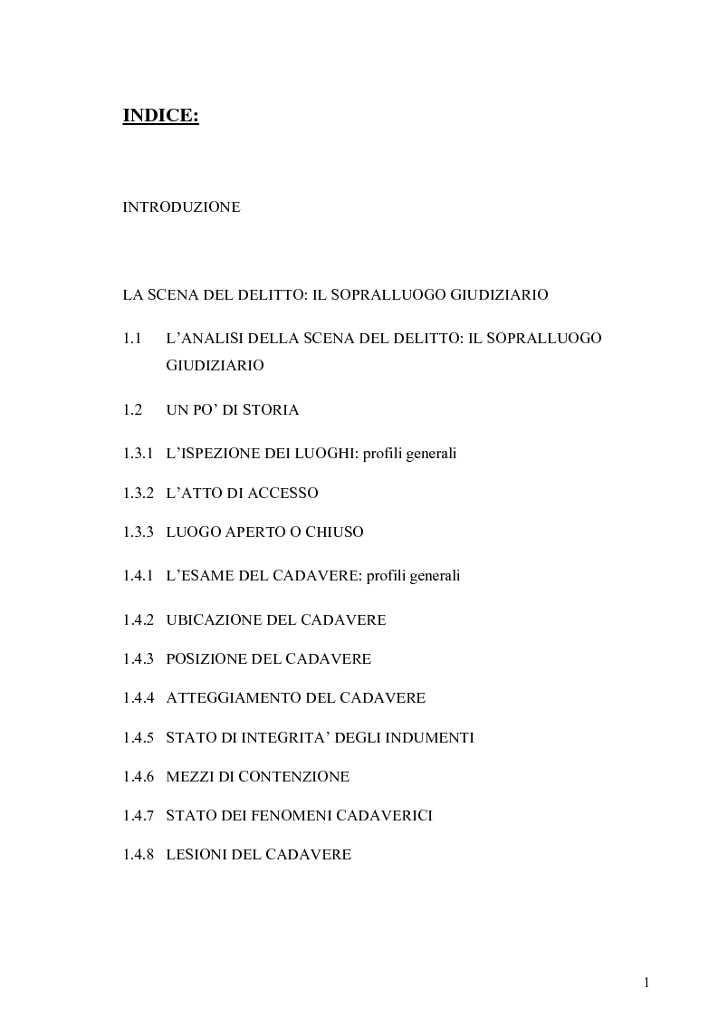 Indice della tesi: Dall'analisi della scena del delitto al profilo psicologico del criminale, Pagina 1