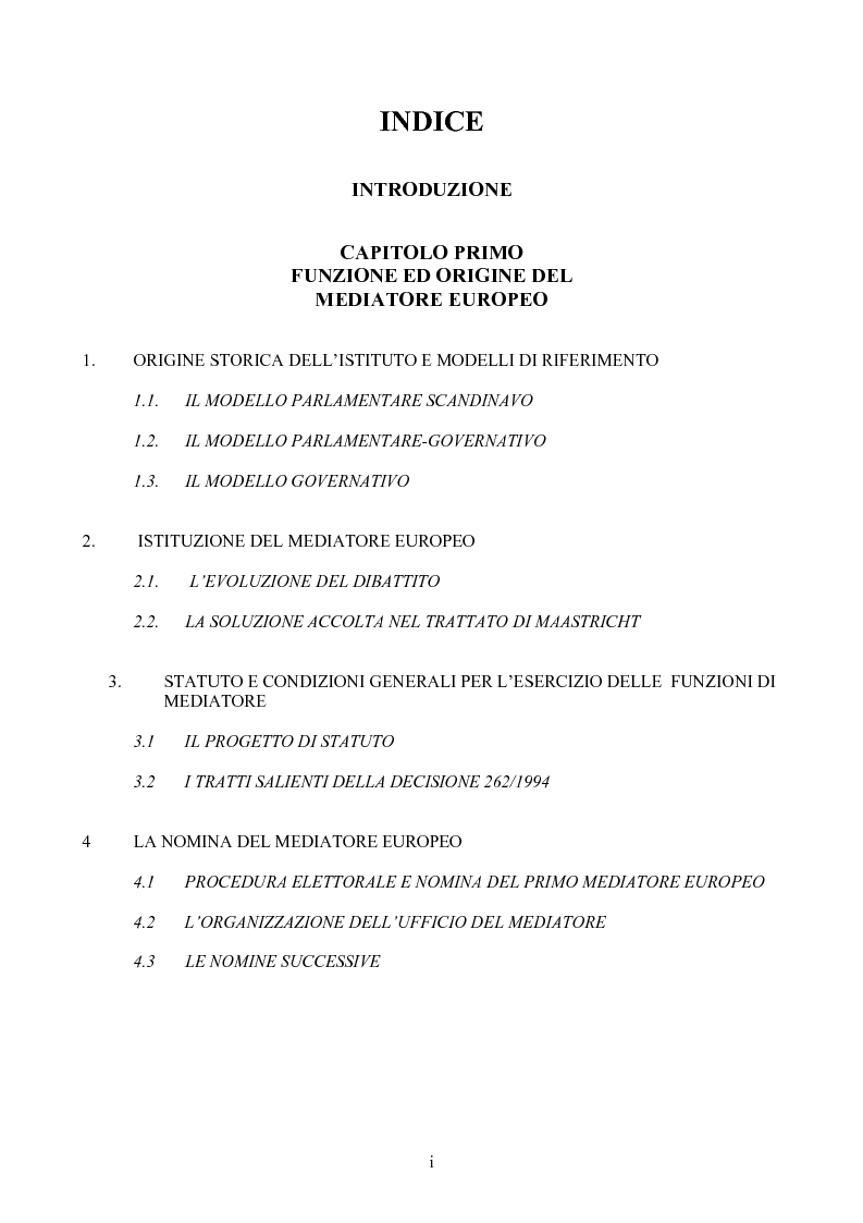 Indice della tesi: Il Mediatore Europeo, Pagina 1
