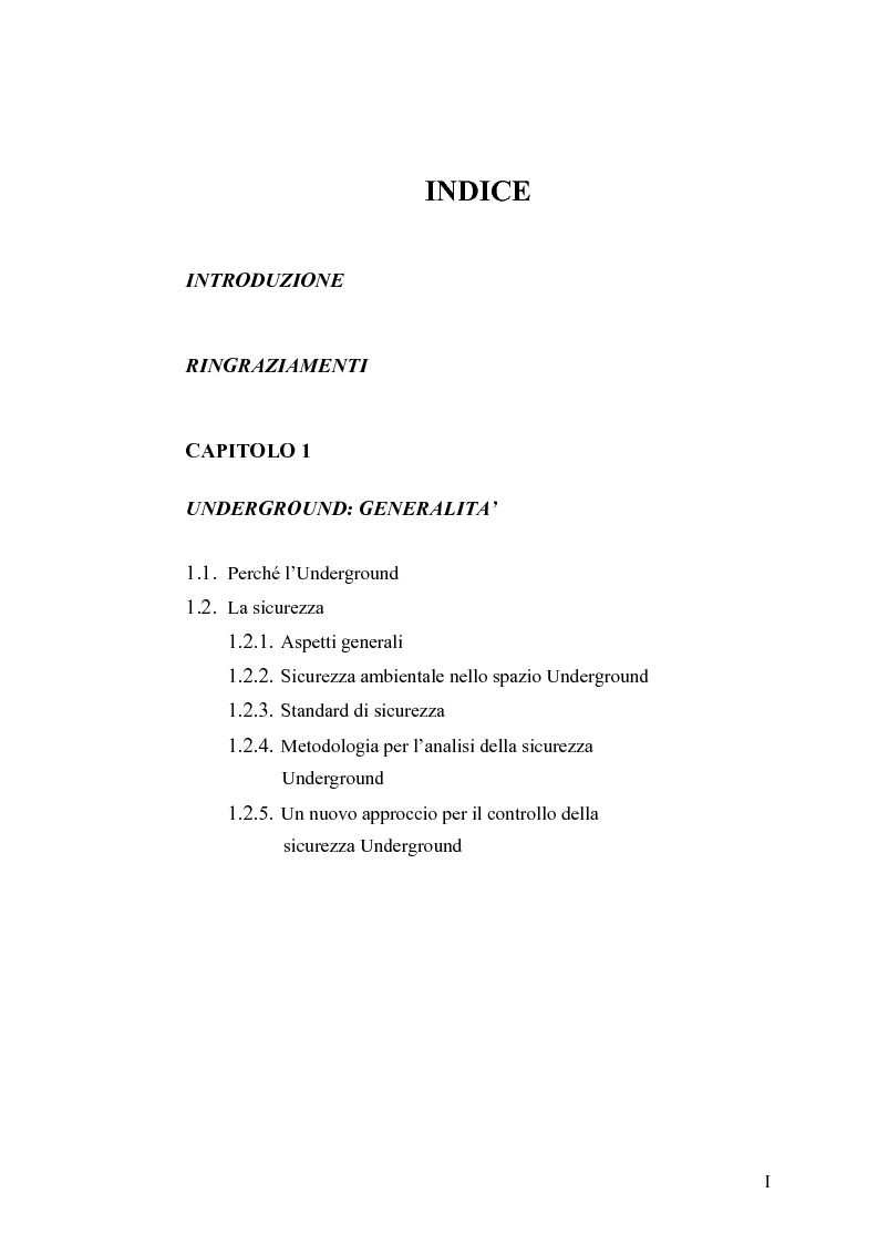 Indice della tesi: Tecnologie e Metodologie per la Sicurezza negli Spazi Underground, Pagina 1