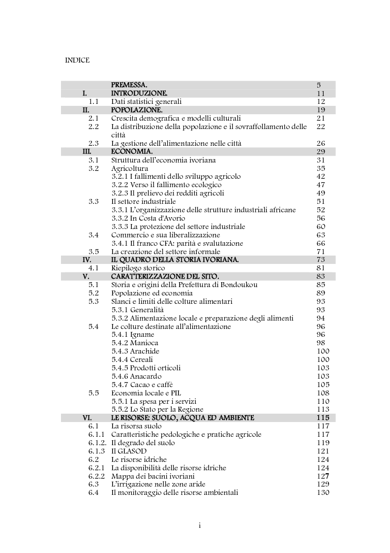 Indice della tesi: Studio di realizzazione e fattibilità di un microprogetto di sviluppo agricolo. Il caso di Tabagne, Costa d'Avorio, Pagina 1