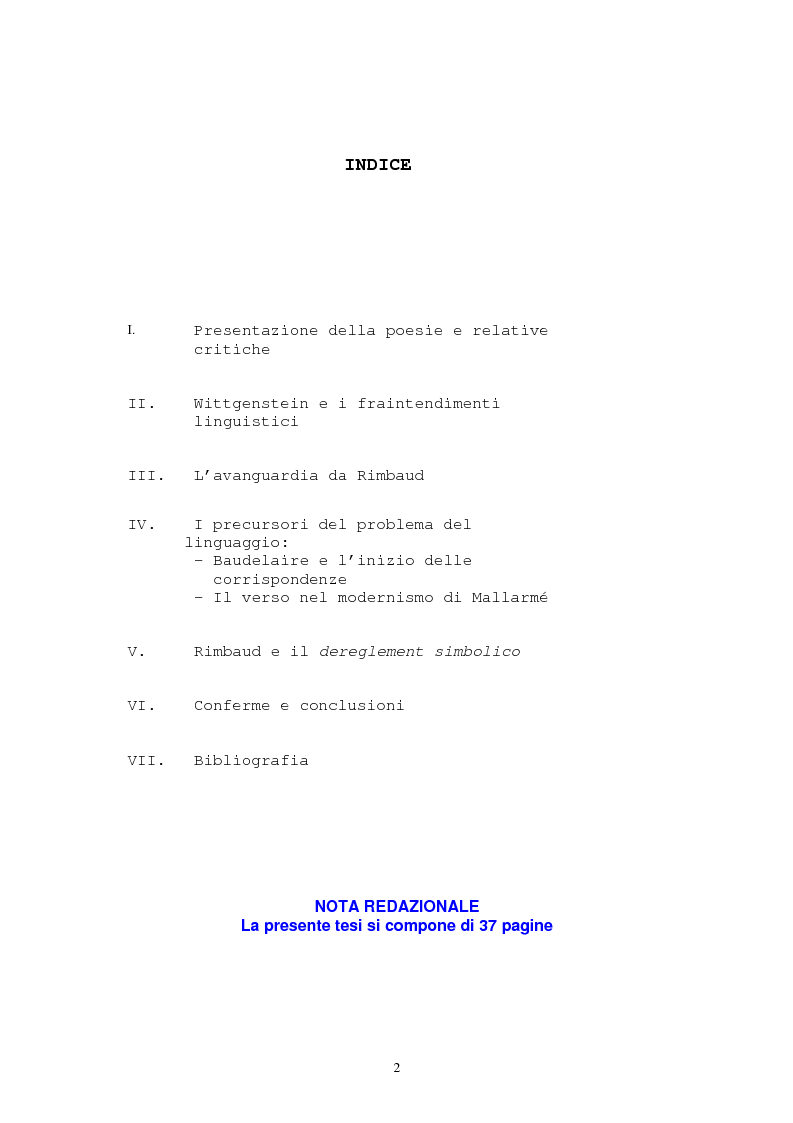 Indice della tesi: Il "dereglement" della simbolizzazione: interpretazione analitica della poesia Le Vocali di Rimbaud, Pagina 1