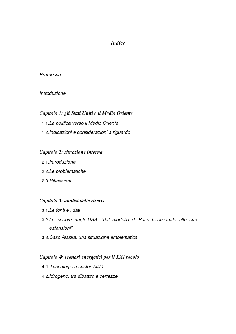 Indice della tesi: Le strategie energetiche degli U.S.A.: risorse, innovazioni tecnologiche e prospettive future, Pagina 1