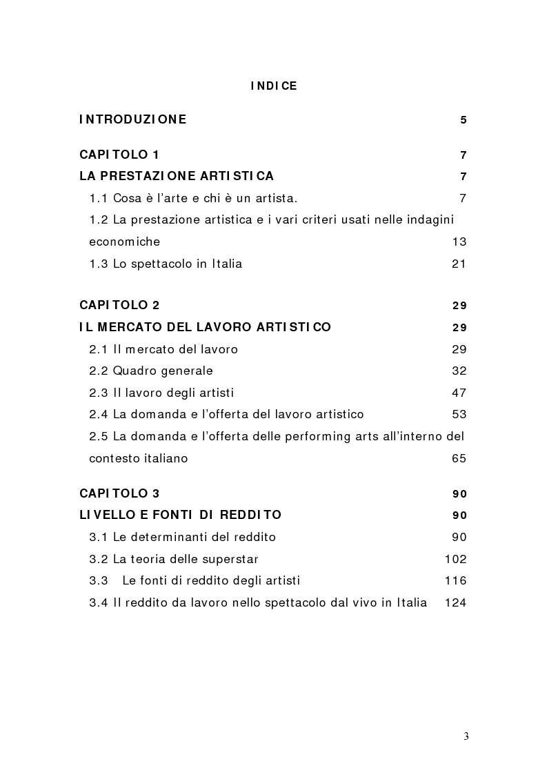 Indice della tesi: Artisti e mercati del lavoro: dinamiche occupazionali, Pagina 1