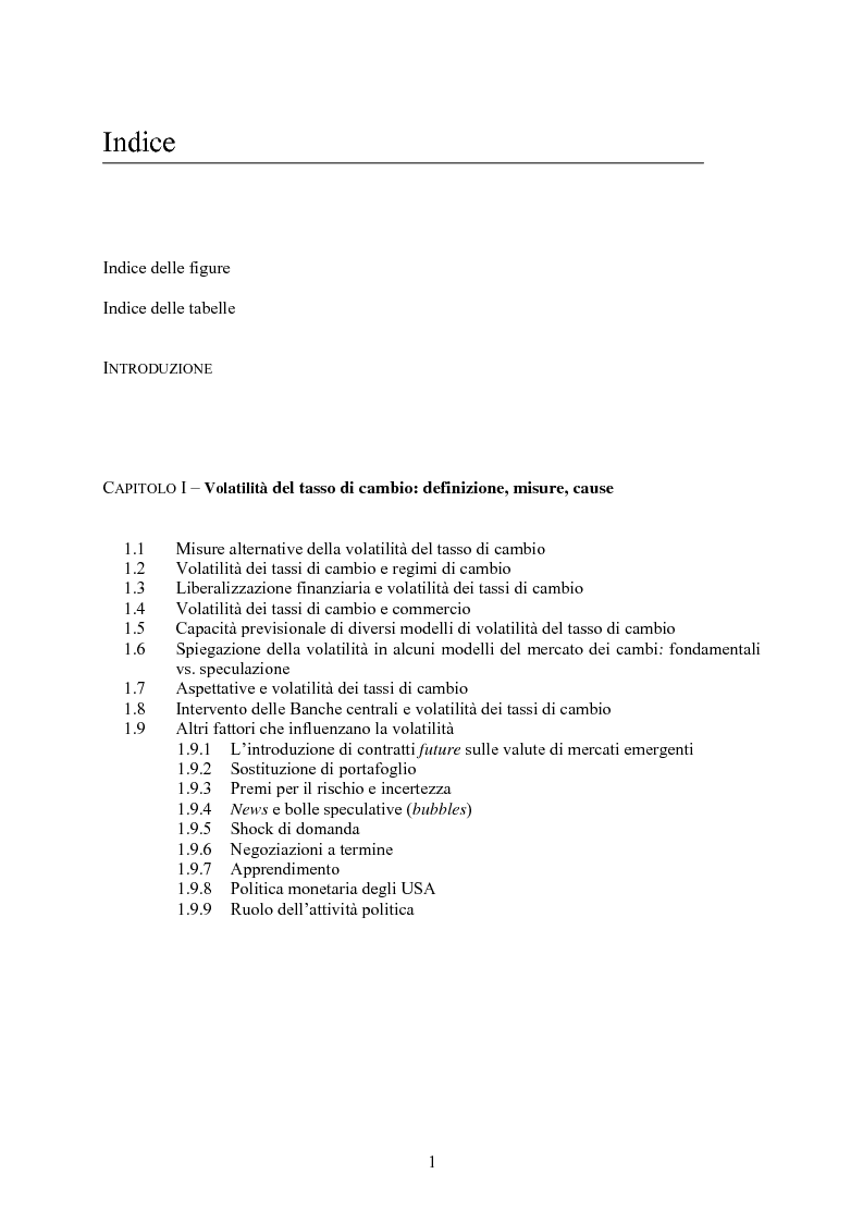 Indice della tesi: Volatilità dei tassi di cambio e regolamentazione dei movimenti internazionali di capitali, Pagina 1