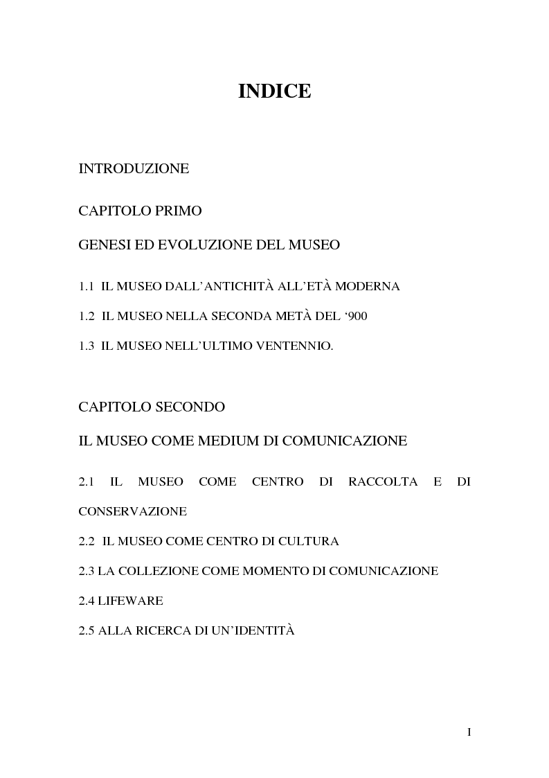 Indice della tesi: Il museo come spazio di comunicazione: El Museo Nacional Centro de Arte Reina Sofia di Madrid, Pagina 1