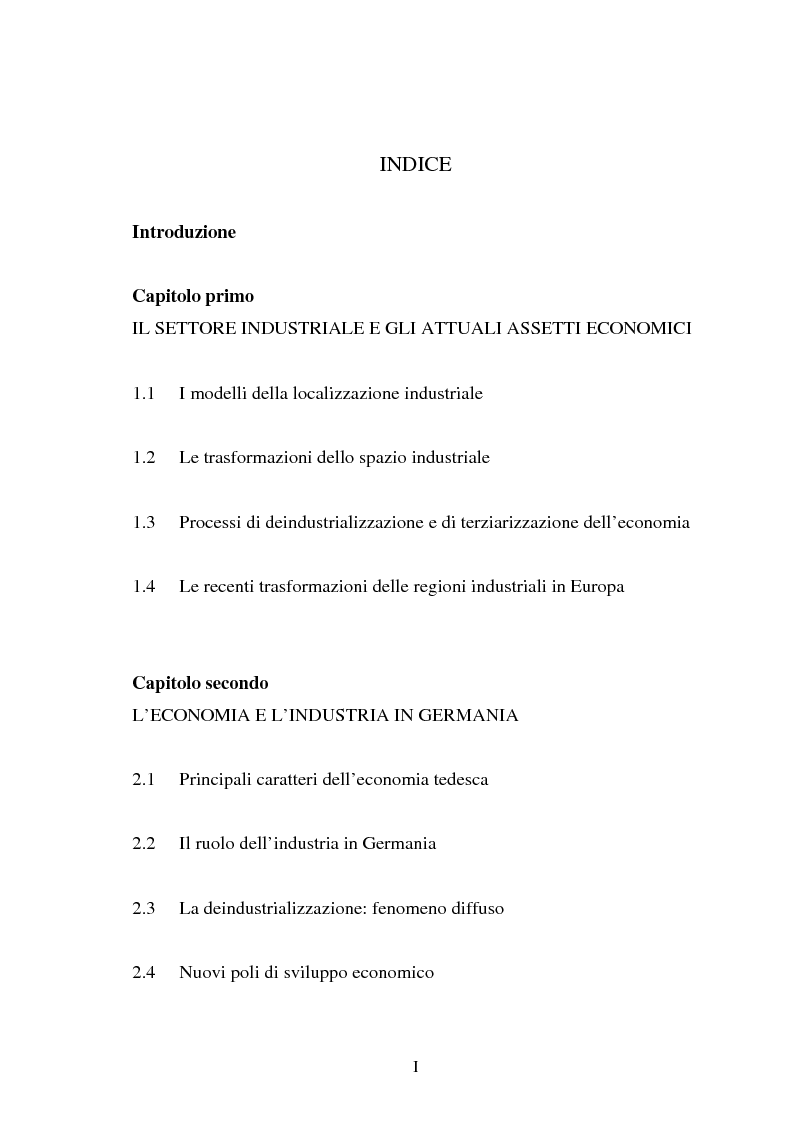 Indice della tesi: Il fenomeno della deindustrializzazione in Germania: ipotesi di riconversione funzionale a Duisburg e Düsseldorf, Pagina 1