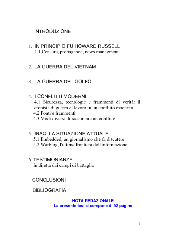 Indice della tesi: Giornalismo di guerra: tecniche, evoluzioni, analisi, Pagina 1