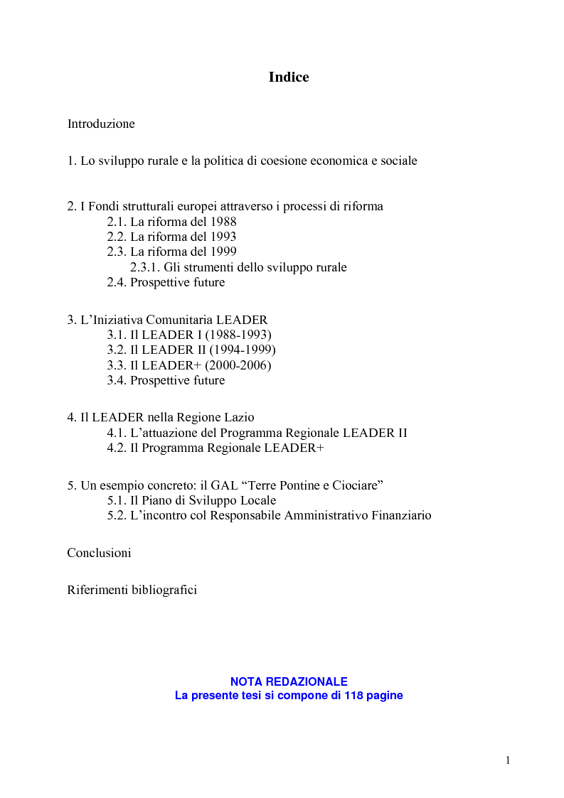 Indice della tesi: I Fondi Strutturali europei nel centro Italia. Un caso nella Regione Lazio., Pagina 1