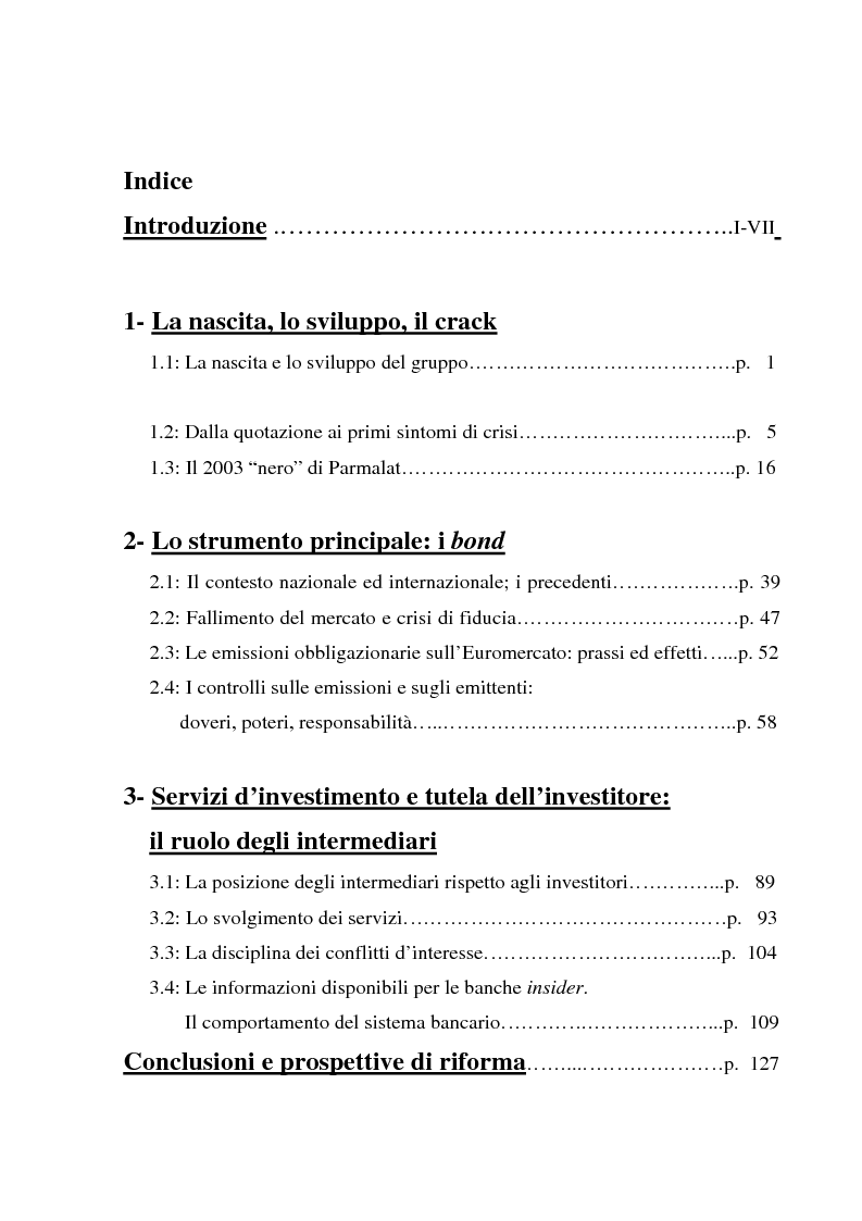 Indice della tesi: Un recente "disastro" finanziario: il caso Parmalat, Pagina 1