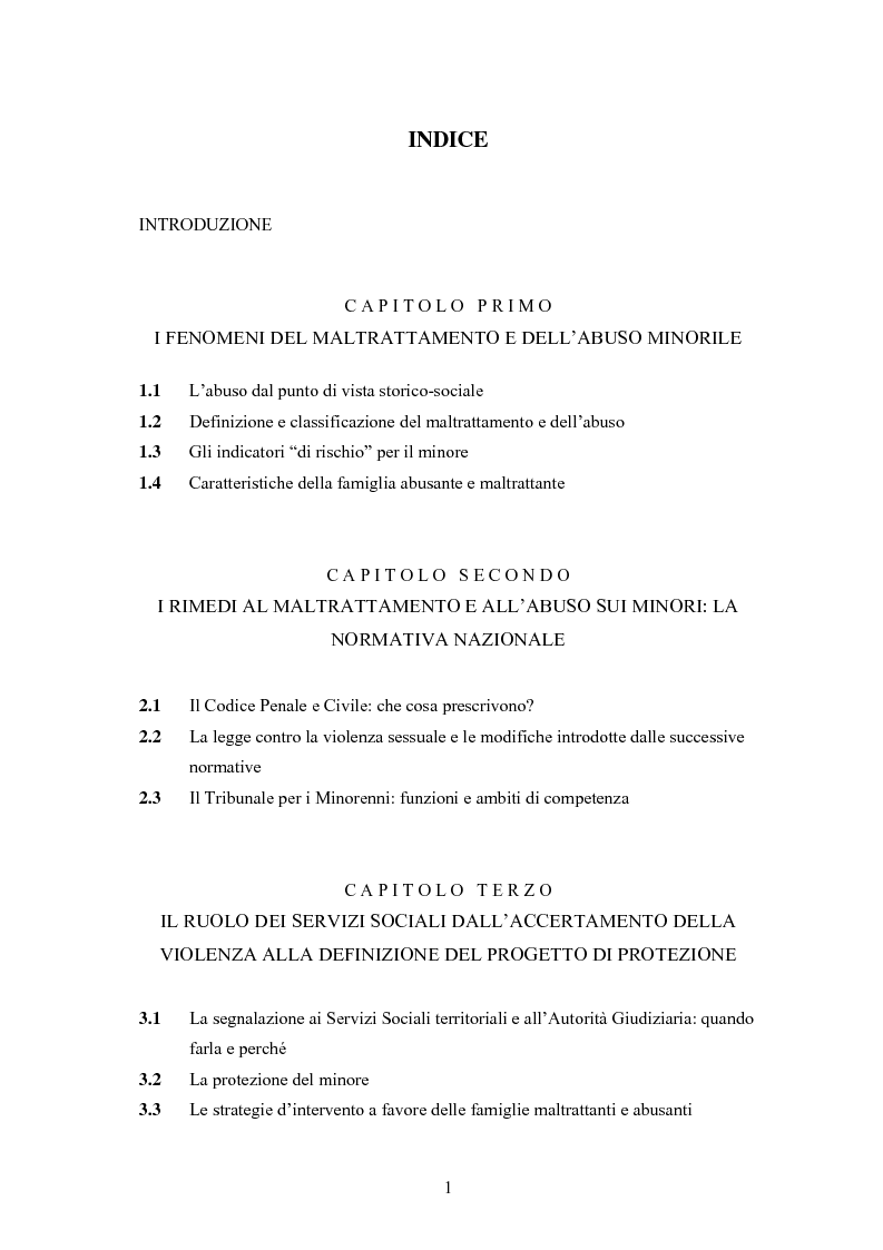 Indice della tesi: L' équipe multidisciplinare come strumento per la segnalazione e la presa in carico dei casi di abuso e maltrattamento sui minori, Pagina 1