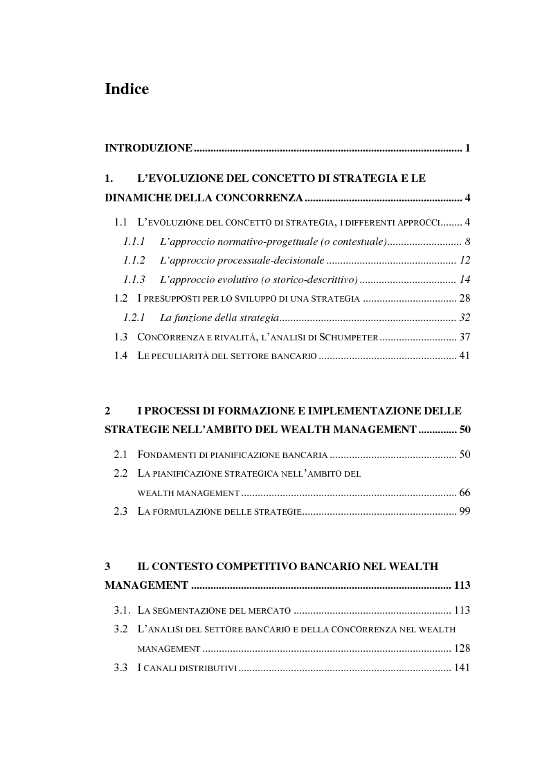 Indice della tesi: Le strategie competitive delle banche nel wealth management, Pagina 1
