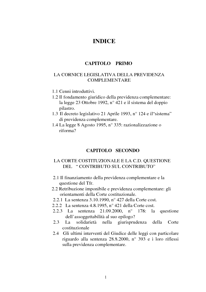 Indice della tesi: La previdenza complementare nella giurisprudenza della Corte costituzionale., Pagina 1