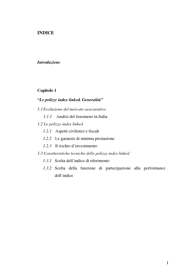 Indice della tesi: Modelli attuariali per la valutazione e la gestione delle polizze index-linked, Pagina 1