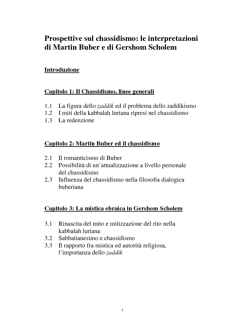 Indice della tesi: Prospettive sul chassidismo: le interpretazioni di Martin Buber e di Gershom Scholem, Pagina 1