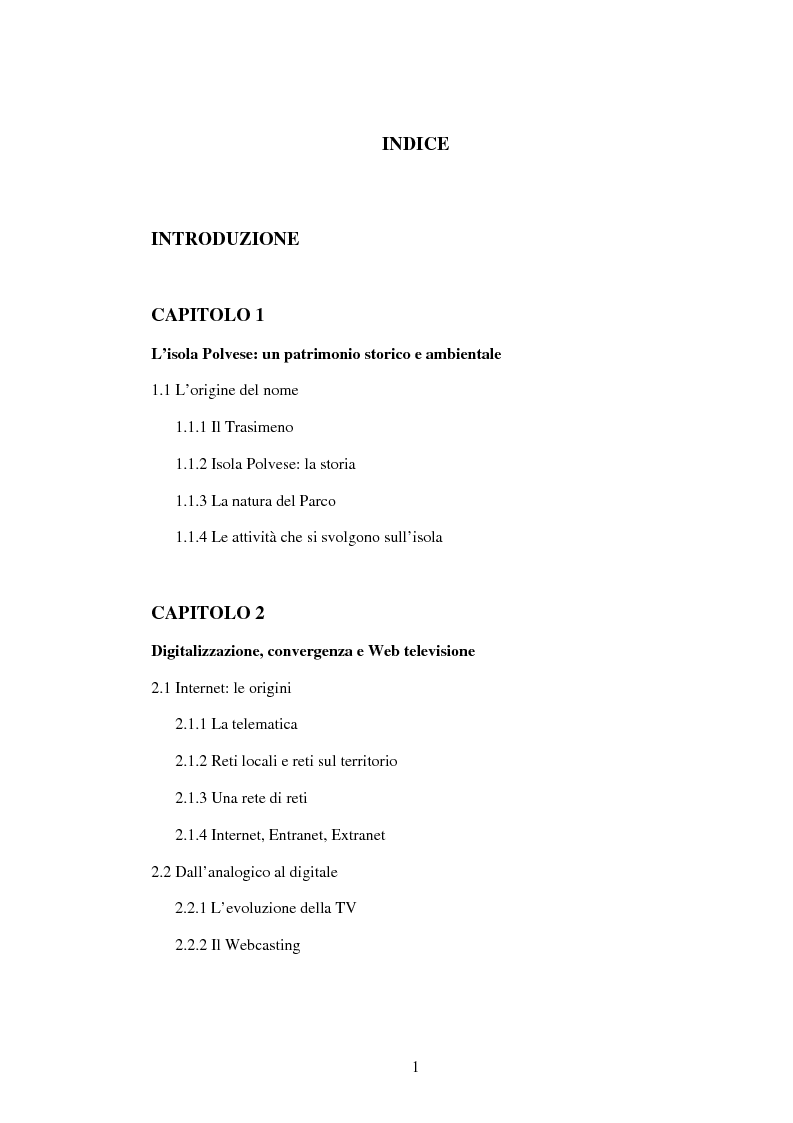 Indice della tesi: Progetto di web tv: controllo, sviluppo e promozione di un'area da proteggere, Pagina 1