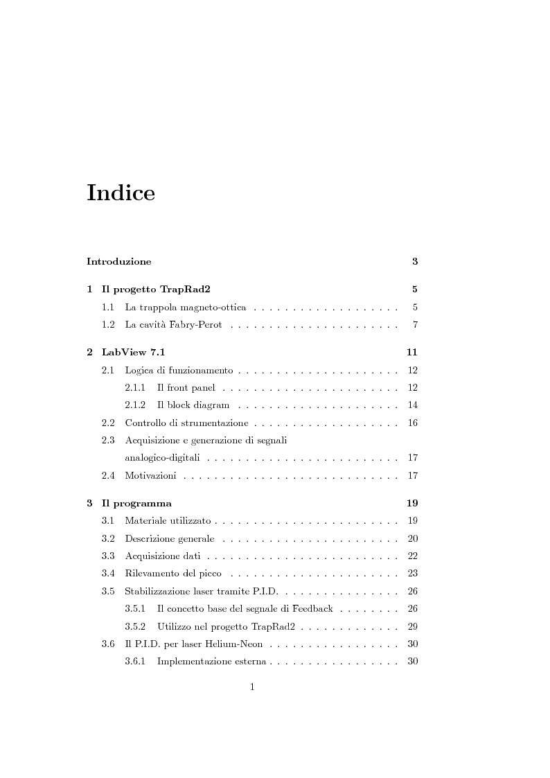 Indice della tesi: Sviluppo del software di acquisizione dati e controllo di un sistema di stabilizzazione in frequenza di laser in ambiente LabView, Pagina 1