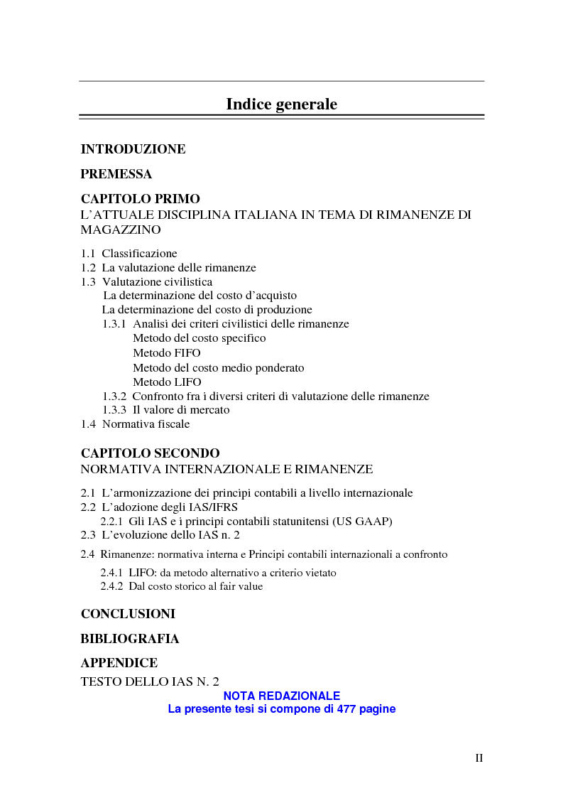 Indice della tesi: La valutazione delle rimanenze: principi contabili nazionali e internazionali, Pagina 1