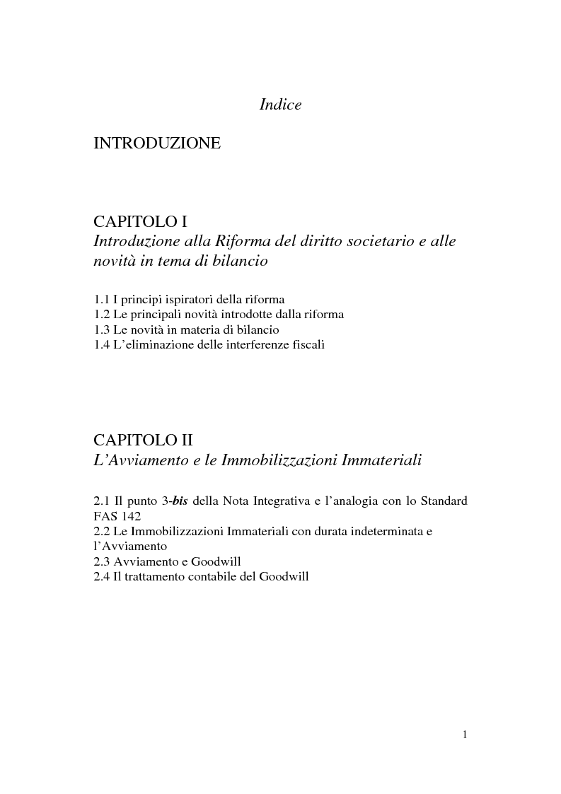 Indice della tesi: Il trattamento contabile dell'avviamento e delle immobilizzazioni immateriali, Pagina 1