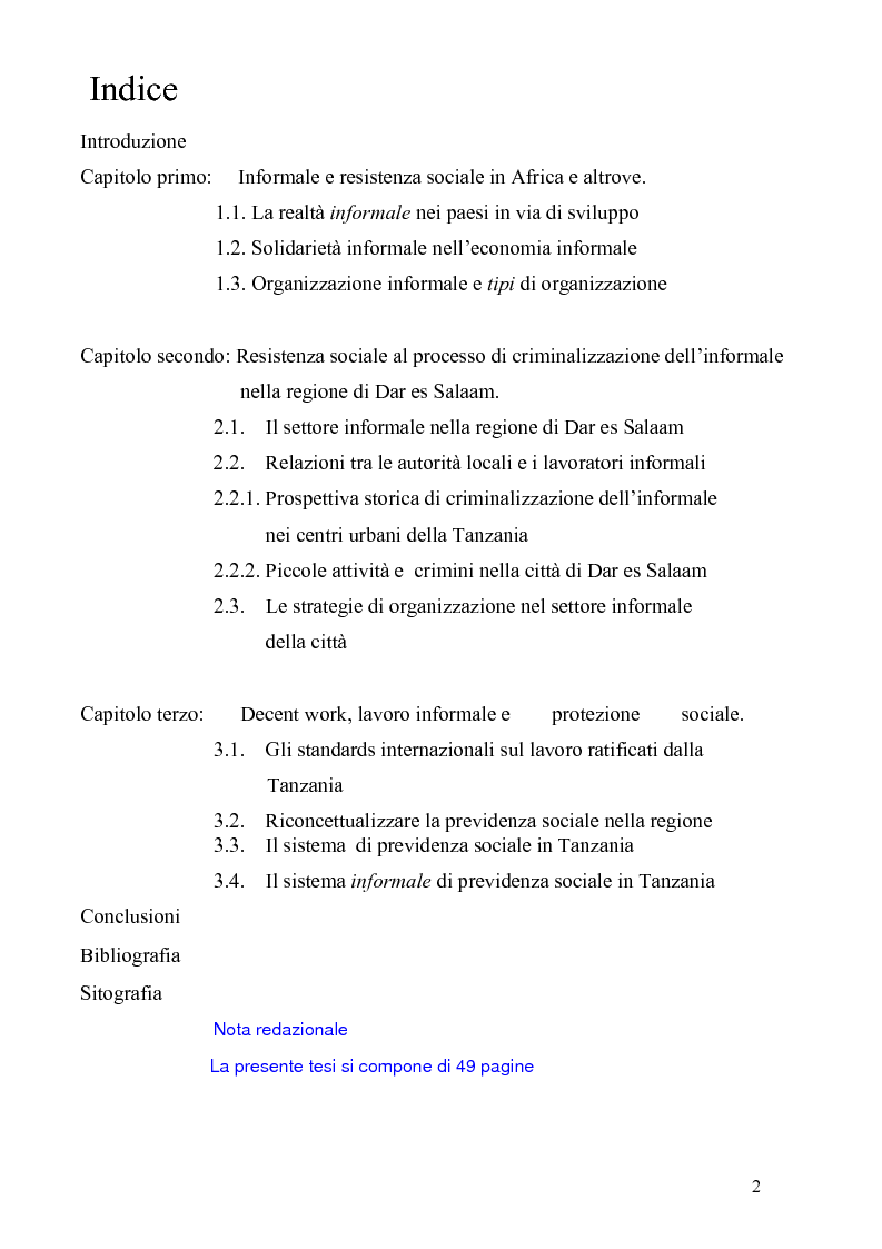 Indice della tesi: Informale e resistenza sociale in Tanzania, Pagina 1