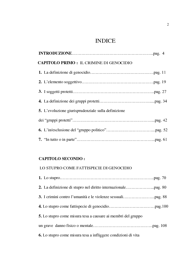Indice della tesi: Stupro e Genocidio nel Diritto Internazionale, Pagina 1