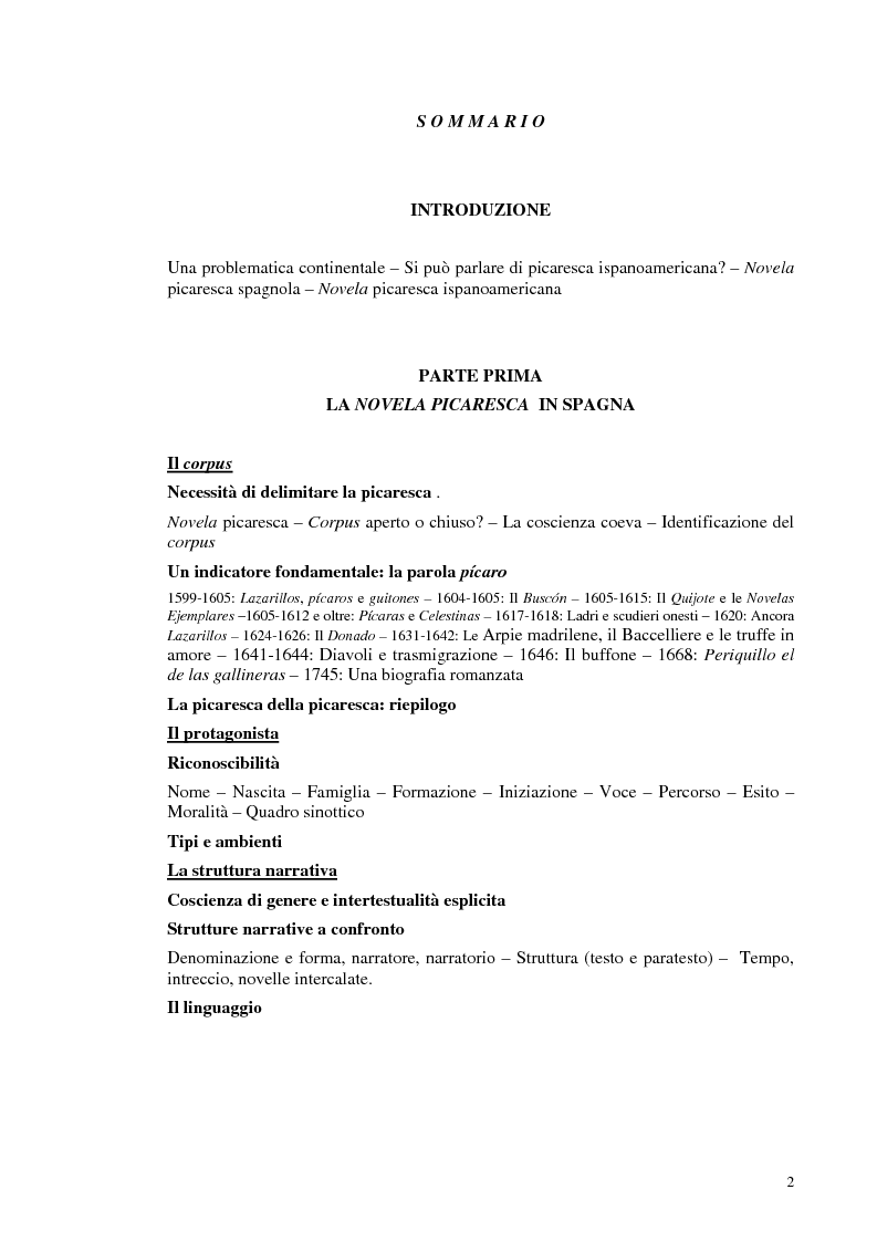 Indice della tesi: La novela picaresca spagnola e la narrativa ispanoamericana, Pagina 1