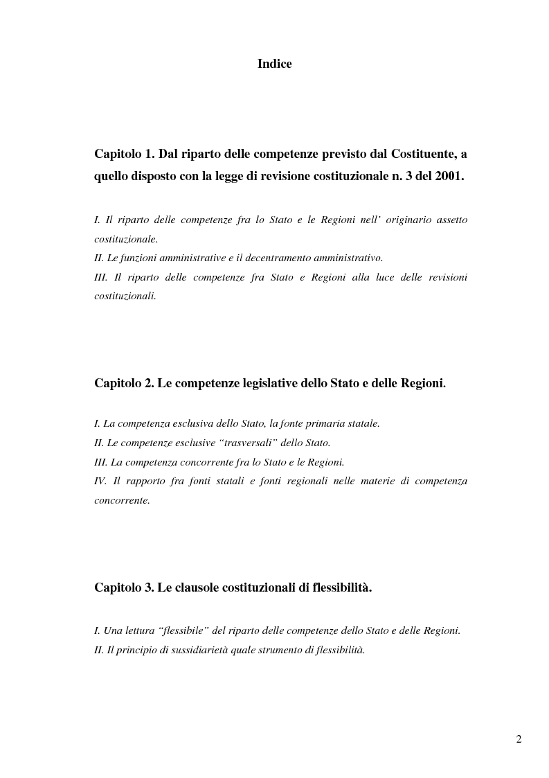 Indice della tesi: Il nuovo riparto delle competenze legislative tra lo Stato e le Regioni e l'interesse nazionale, Pagina 1