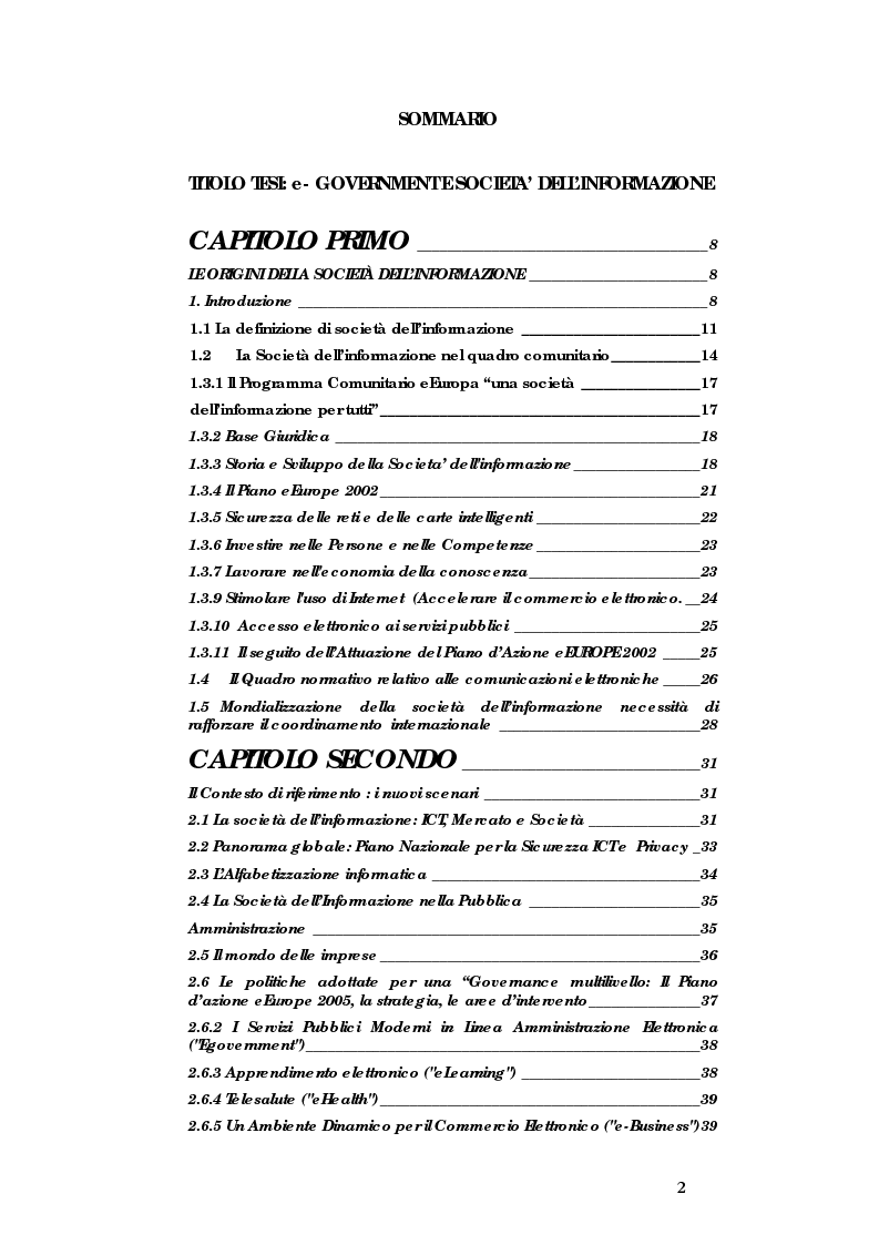 Indice della tesi: E-government e Società dell'informazione, Pagina 1