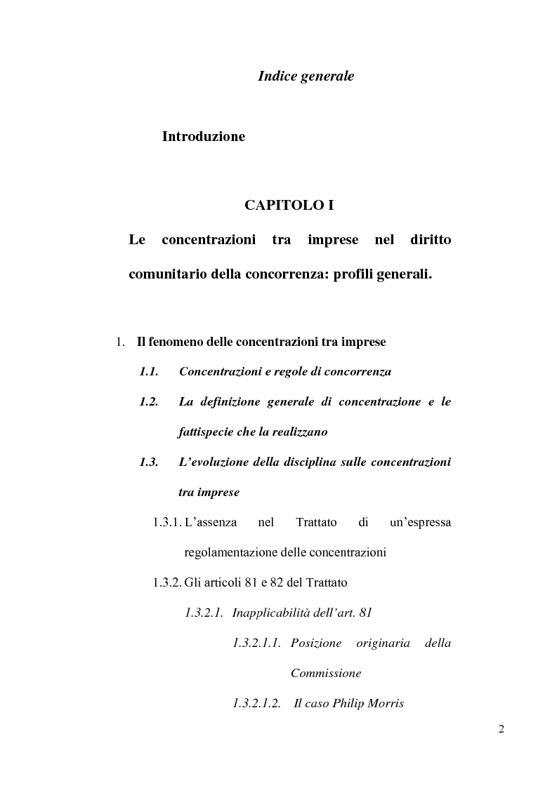 Indice della tesi: Le concentrazioni tra imprese nel diritto comunitario della concorrenza, Pagina 1