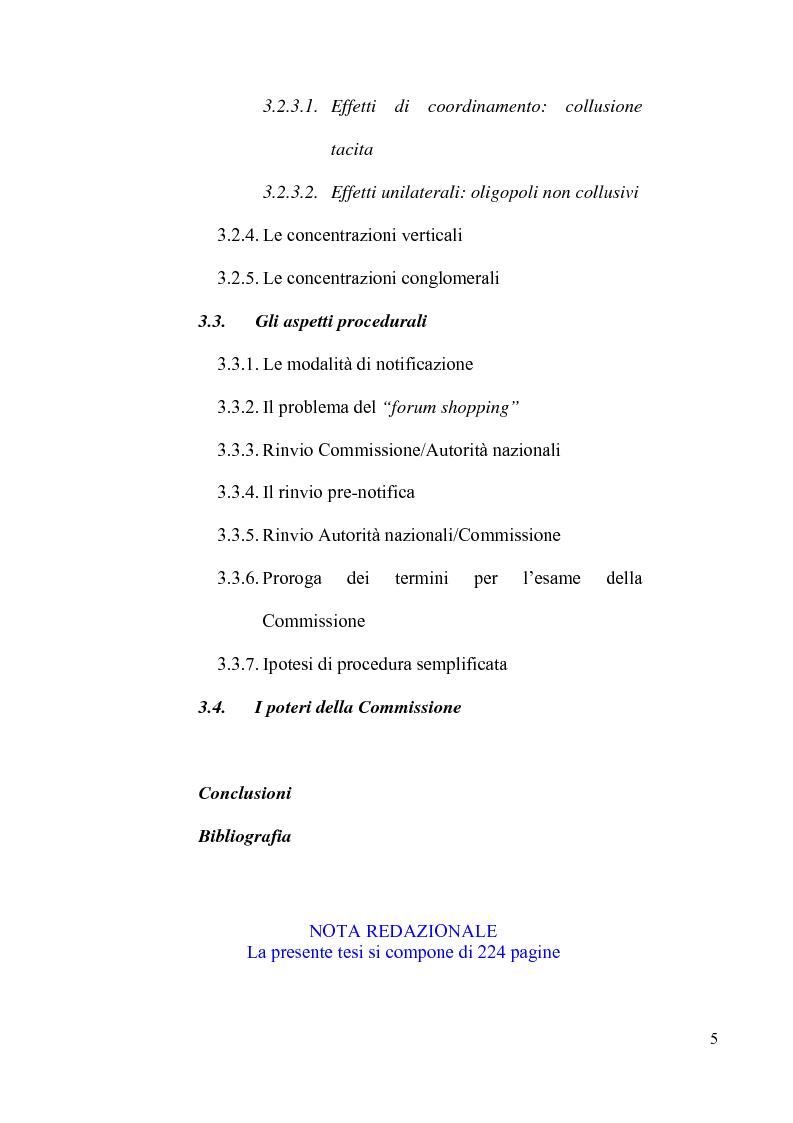 Indice della tesi: Le concentrazioni tra imprese nel diritto comunitario della concorrenza, Pagina 4
