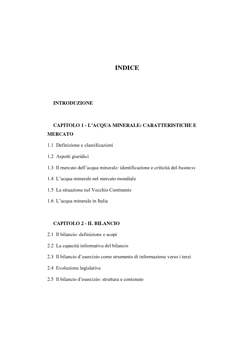 Indice della tesi: L'analisi patrimoniale, economica e finanziaria di un'azienda operante nel settore delle acque minerali: il caso Italaquae S.p.A., Pagina 1