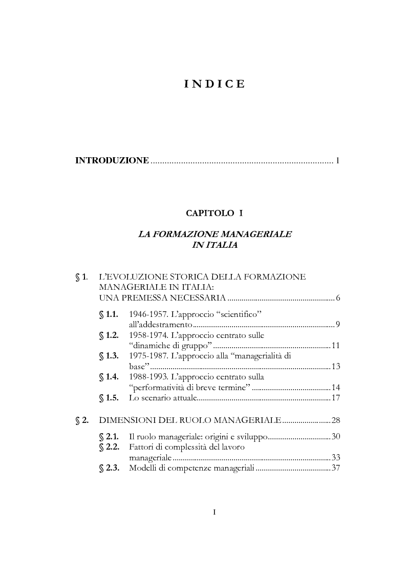 Indice della tesi: Outdoor training in Italia. Apprendere dall'esperienza le competenze manageriali., Pagina 1