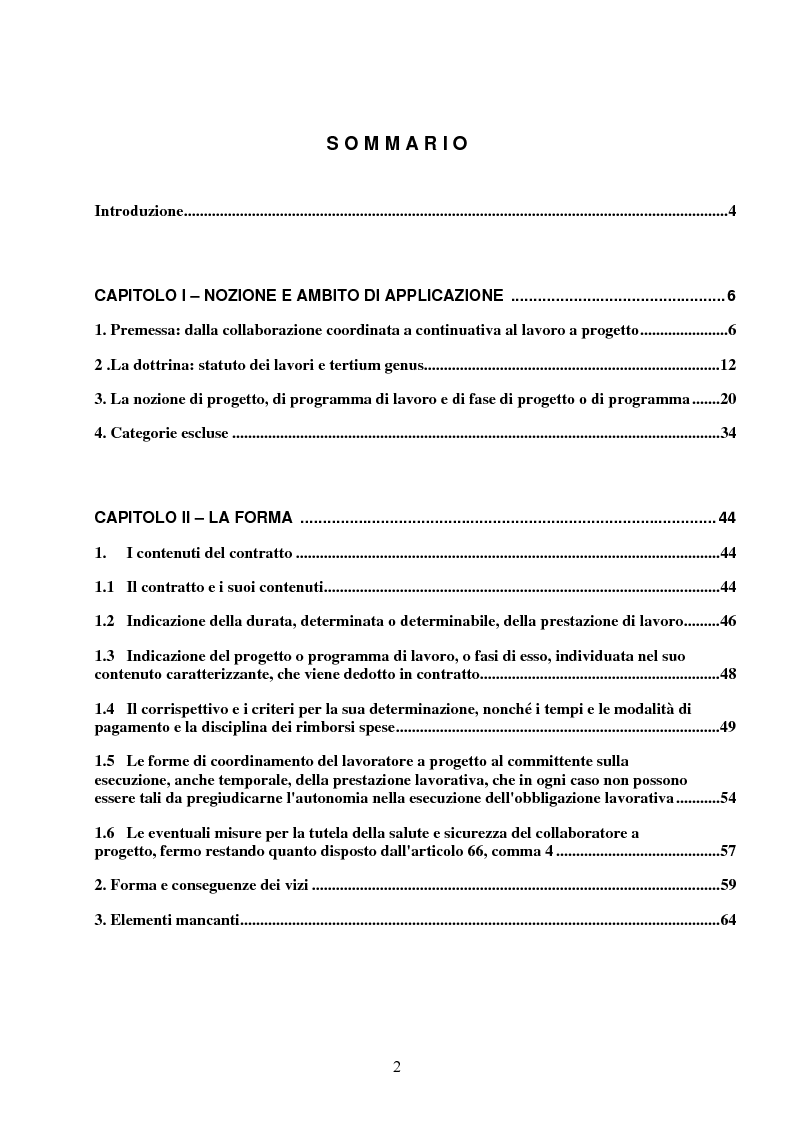 Indice della tesi: Il contratto di collaborazione a progetto, Pagina 1