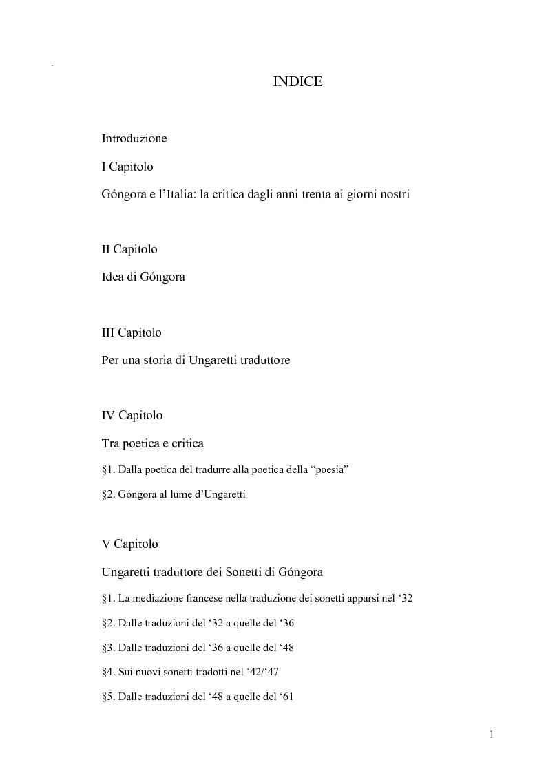 Indice della tesi: Ungaretti traduttore di Góngora. Nell'officina del traduttore-poeta, Pagina 1