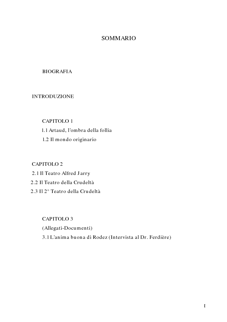 Indice della tesi: Antonin Artaud: teatro, delirio e spazio scenico, Pagina 1