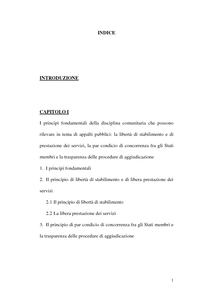 Indice della tesi: La normativa comunitaria in materia di appalti pubblici, Pagina 1