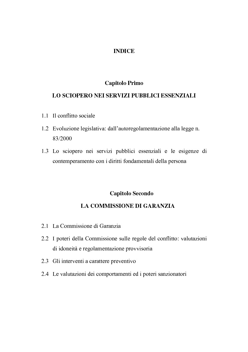 Indice della tesi: Sciopero nei servizi pubblici essenziali ed apparato sanzionatorio, Pagina 1
