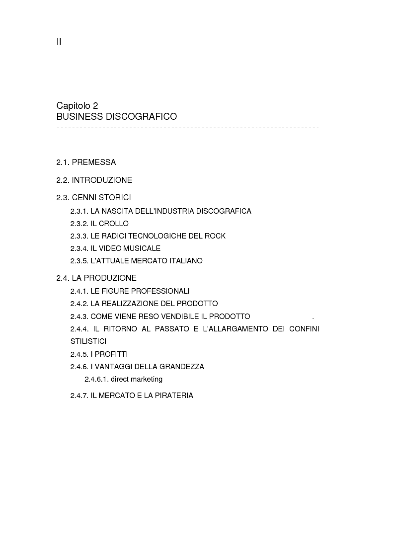 Indice della tesi: Il Mercato Discografico - contesto, caratteristiche e proposta di ricerca, Pagina 2